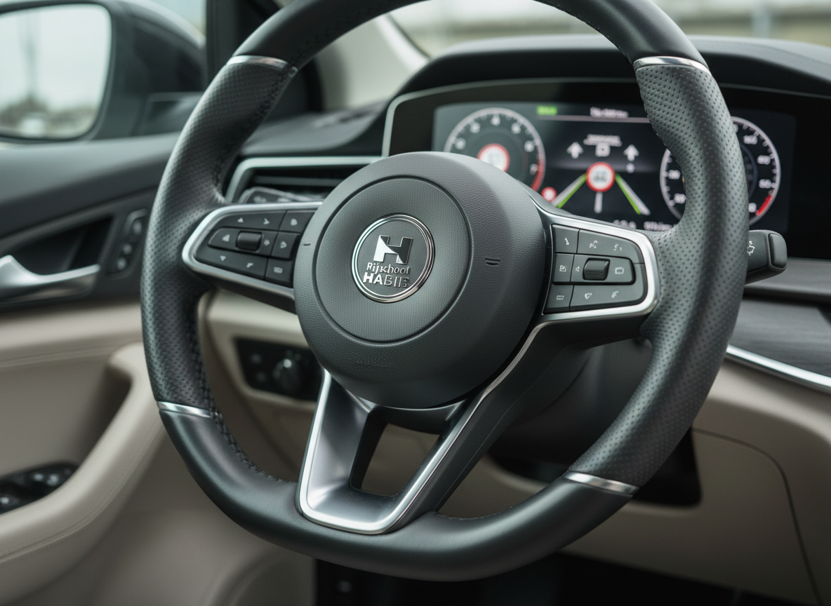 A high-quality, close-up image of a black, ergonomically designed steering wheel with distinct textured grip patterns, detailed silver accents, and the Rijschool HABIB emblem subtly embossed in the center. The background is purposefully blurred, hinting at a dashboard with digital instructional materials and a smooth, neutral-toned interior. Cool, indirect daylight softly illuminates the wheel, emphasizing contours and providing gentle highlights on the emblem. The composition uses a shallow depth of field, focusing attention on the steering wheel's craftsmanship and tactile experience. The atmosphere is calm, modern, and reflective of careful driving instruction within a professional, corporate environment.