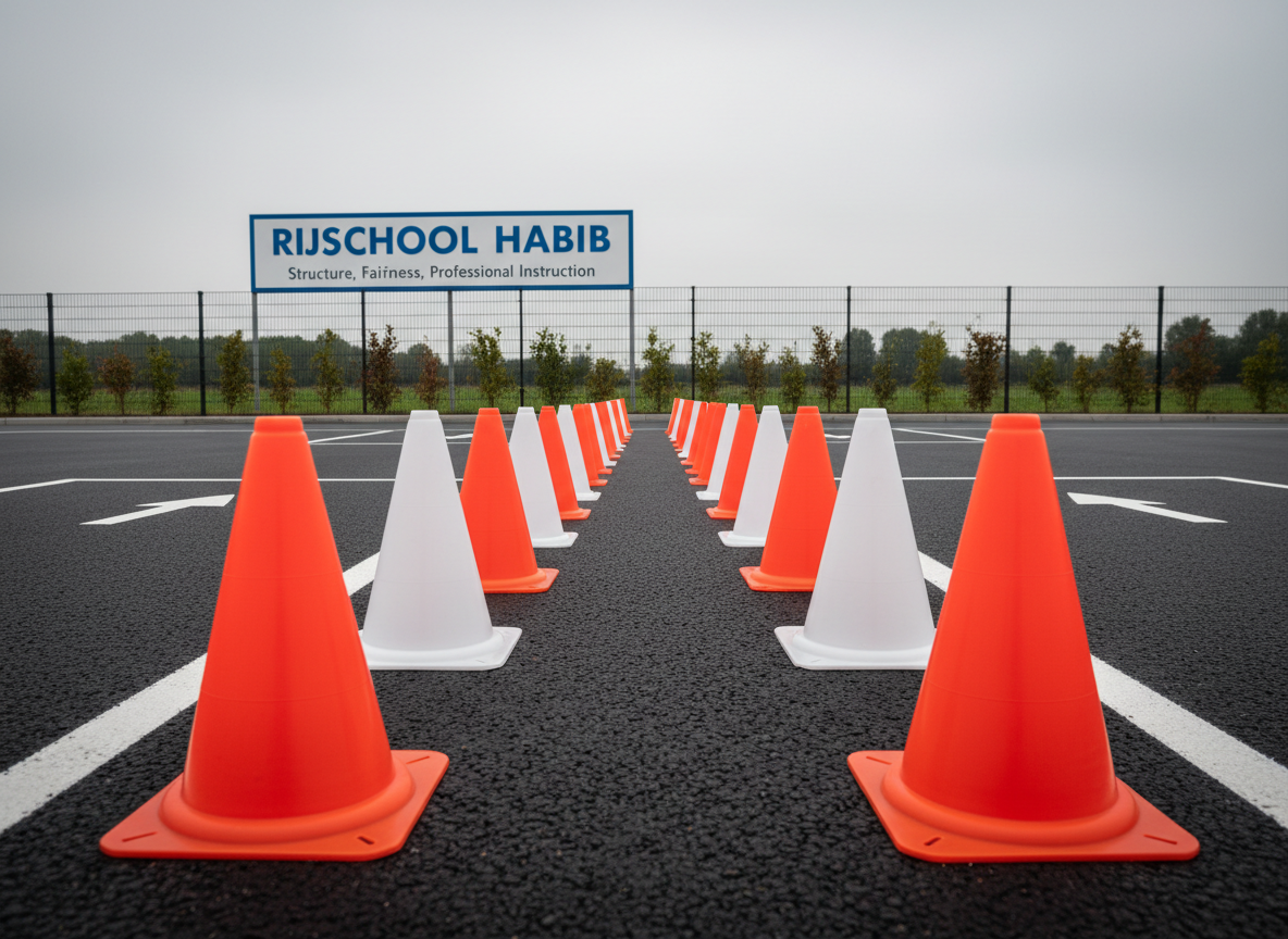 An orderly row of bright orange and crisp white traffic cones arranged precisely on fresh asphalt in a designated driving test area. The cones' smooth plastic surfaces show subtle texture and minimal wear, standing out against the neutral tones of the ground. The background is a clean, open space with structured striping, bordered by simple fencing and small shrubbery. The overcast sky diffuses natural light evenly, minimizing harsh shadows. Captured from a low-angle perspective, the composition highlights clear pathways and a sense of purposeful order, reinforcing themes of structure, fairness, and professional instruction central to Rijschool HABIB.