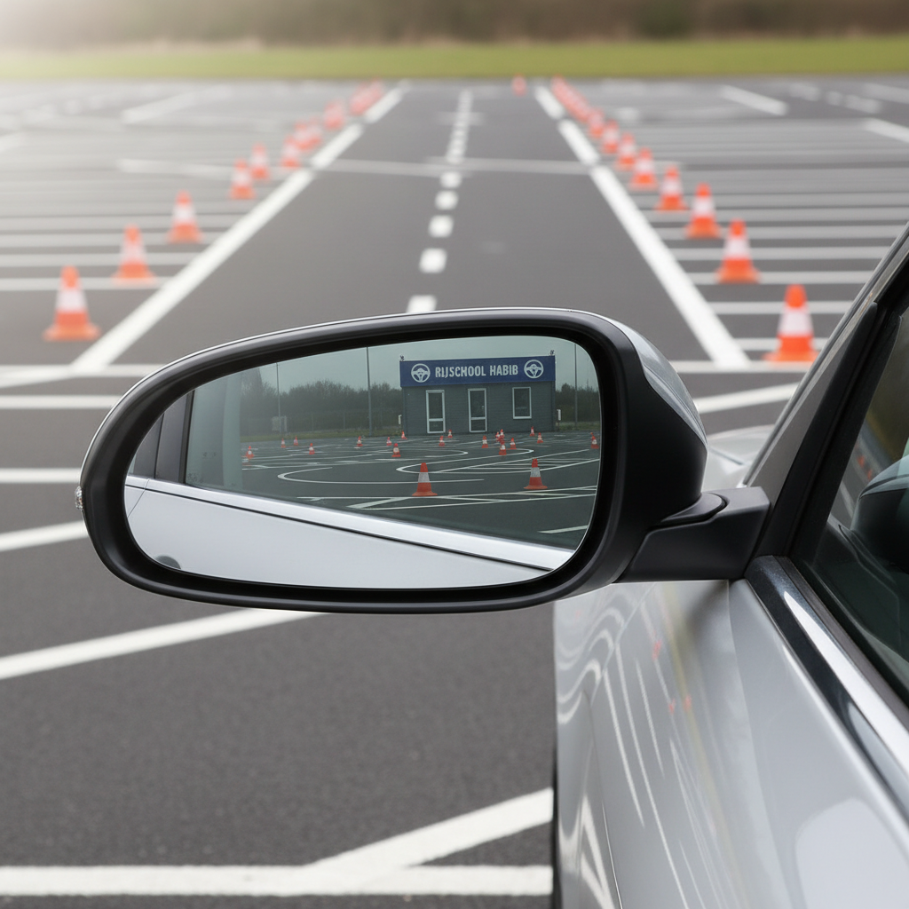 A set of modern, dual rearview mirrors with precise chrome and matte-black finishes, mounted on a sleek vehicle door, reflecting a well-marked driving practice area with clearly painted lines and traffic cones in the background. The mirrors themselves are spotless, catching soft ambient daylight that brings out subtle contrasts and textures. The focus is on the clarity of the mirrors and what they reflect, with a soft bokeh effect on the practice area for depth. The mood is attentive and encouraging, representing the meticulous, personalized guidance offered by Rijschool HABIB, with a clean, photographic realism and structured, professional layout.