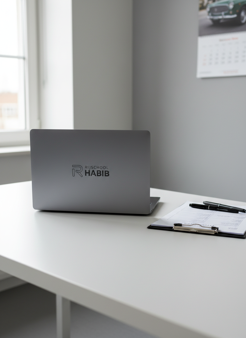 A minimalist, professional desktop setup featuring a closed, premium gray laptop embossed with the Rijschool HABIB logo, resting on a tidy white desk. Nearby, there is a neatly stacked clipboard with instructional checklists, perfectly aligned pens, and a subtle hint of an automotive-themed wall calendar. The environment is an uncluttered, bright office with neutral gray walls and clean lines. Soft, diffuse daylight from a nearby window creates a serene, inviting atmosphere, gently brightening the workspace. Shot from a slightly elevated, centered perspective, the composition is balanced and structured, emphasizing clarity and organization. This photographic image underscores the professional, attentive approach of Rijschool HABIB.