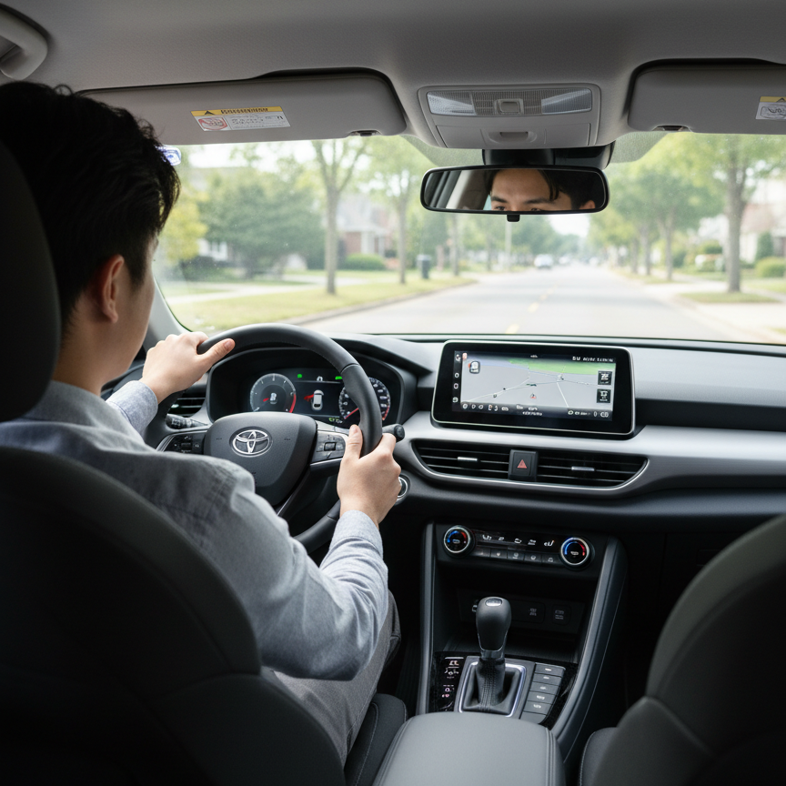 Foto van een rijles: leerling achter het stuur, instructeur op de passagiersstoel (zwart haar, geen bril), modern dashboard, van achteren gezien, geen panoramadak.